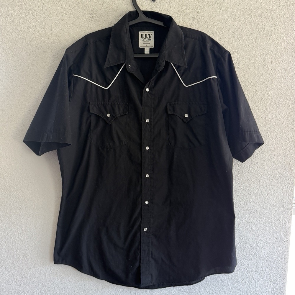 Ely Cattleman Western Shirt Black Pearl Snap White Piping Mens Large Vintage